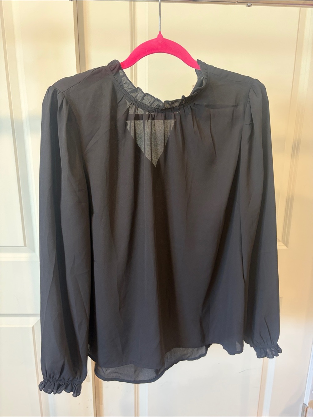 Main Strip Black Sheer Ruffle-Neck Blouse
